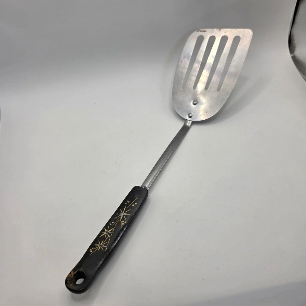 Vintage Ekco Eterna Slotted Spatula Black Atomic Starburst Stainless Steel USA